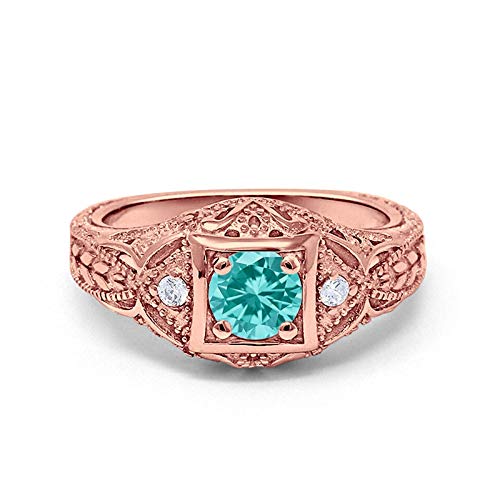 Blue Apple Co. Art Deco Ring Round Cubic Zirconia Leaf Filigree Design Split Shank Twisted Band Bridal Statement Wedding Engagement Rings For Women 925 Sterling Silver Gifts For Her - color: Rose Tone, Simulated Paraiba Tourmaline CZ