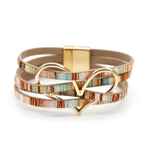 Fuqimanman2020 Boho Heart Charm Leather Wrap Bracelet for Women Handmade Layered Cuff Bracelets Bohemian Multi Strand Bangle Bracelets Christmas Jewelry Gift - color: Colorful