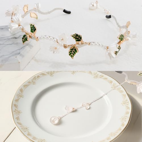 AHONEY White Flower Headband for Women Girls Hair Vine Leaf Boho Headband Wedding Fairy Accessories Headpiece Bridal Crown - color: White