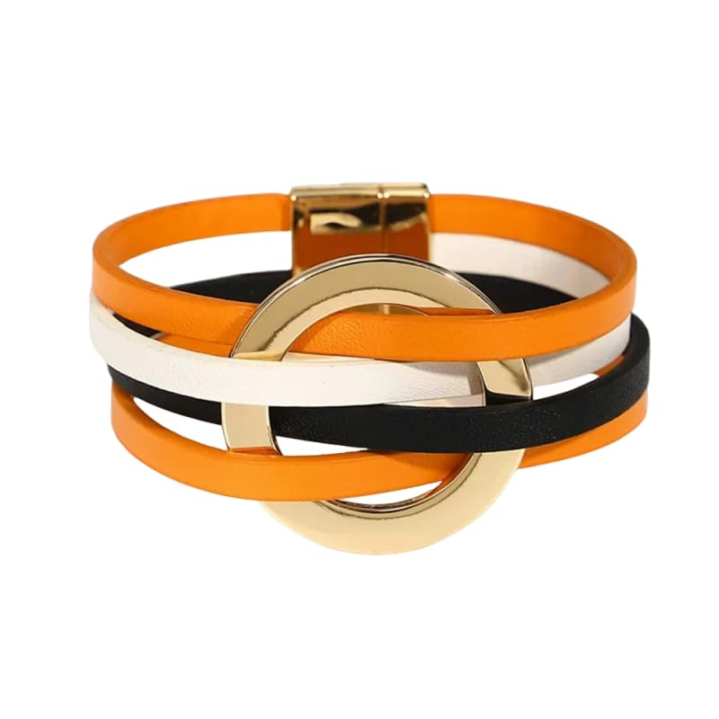 Fuqimanman2020 Circle Charm Leather Wrap Bracelet Boho Handmade Layered Cuff Bracelets for Women Teen Bohemian Multi Strand Bangle Bracelets Holiday Jewelry - color: orange white black