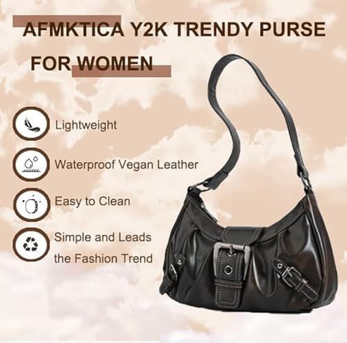 Y2K Trendy Purse for Women, Leather Buckle Punk Hobo Clutch Purses Bags for Ladies Top Handle Shoulder Bag - color: Deep Brown