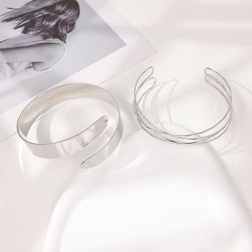 2Pcs Arm Cuff Gold Upper Arm Cuff for Women Adjustable Upper Arm Bracelets Open Irregular Arm Bangle Minimalist Coil Swirl Armlets Armband Jewelry - style: styleD silver