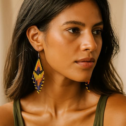 Bohemian Beaded Long Tassel Dangle Earrings for Women, Handmade Jewelry White Tarnish Resistant Lightweight Design, Stylish Accessory for Beach Vacation Party and Gift - color: Orange
