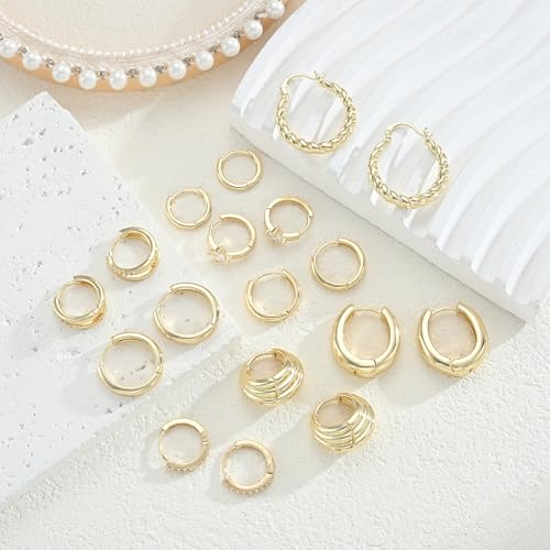 9 Pairs Small Gold/Silver Hoop Huggie Earrings Set for Women, 14K Gold Plated Chunky Hoop Small Earring Hypoallergenic Thick Open Lightweight Chunky Hoop Earrings Jewelry for Gifts - color: gold-1