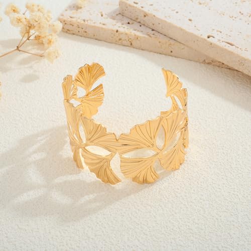 WOWORAMA Chunky Gold Cuff Bracelets for Women Vintage Gold Flower Butterfly Bracelet Trendy Boho Wide Open Cuff Bangles Matte Statement Bracelet - color: Ginkgo Leaf