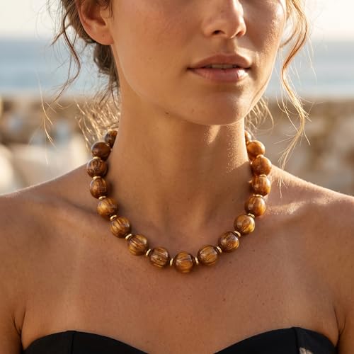 Colorful Beaded Necklace for Women Chunky Resin Beads Choker Necklaces Boho Statement Necklace Summer Vacation Y2K Jewelry - color: Amber