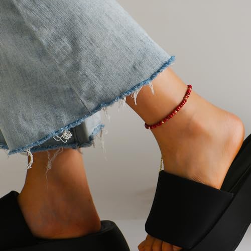 Natural Stone Beaded Anklets Bracelets for Women Handmade Beaded Anklet Bracelet Waterproof Boho Beads Ankle Bracelet Adjustable Summer Jewelry - color: red