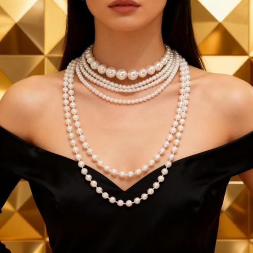 Layered Pearl Necklaces for Women Big Pearl Long Chain Necklace Dainty Faux Pearl Necklaces Statement Sweater Strand Chain Jewelry - style: SetA