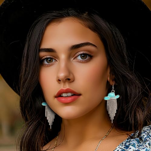 RechicGu 3 Pairs Western Cowgirl Cowboy Hat Earrings Set Silver Symmetric Boots Sparkly Rhinestone Tassels Drop Dangle Rural Culture Earrings Set For Women - color: Silver Boots,Mint Green Hat