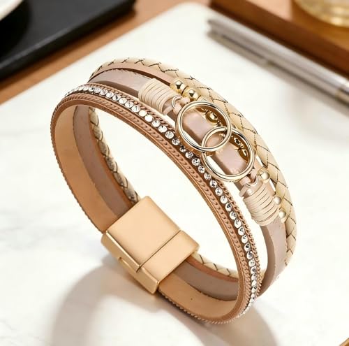 Multi-Layer Leather Wrap Bracelets for Women, Elegance Bracelet Jewelry for Women (Beige)