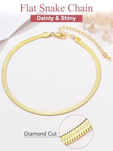 FOCALOOK 14K Gold Plated Necklaces for Women, Fashion Herringbone Choker Necklace Stainless Steel Flat Snake Chain 3/5MM(W) 12.5"/15"/18"+3.5"(L) - color: 5MM-14K Gold-15"