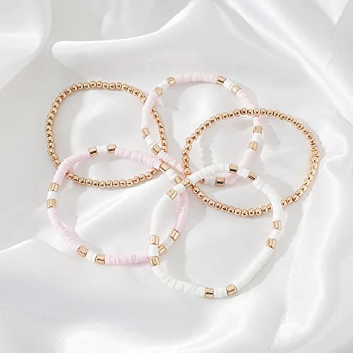 GOOJIDS Surfer Heishi Clay Bead Bracelets for Women Bohemian Stackable Gold Plated Beaded Stretch Bracelets Elastic Layering Friendship Bracelets Set Boho Jewelry - color: C-New Light Pink Sets