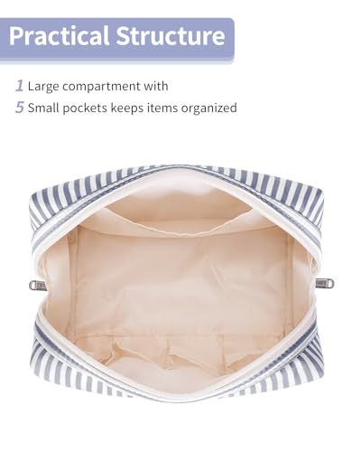 Narwey Striped Makeup Bag Travel Cosmetic Bag Organizer Toiletry Bag Make Up Bags with Compartments for Women Girls (Large, Greyish Blue Stripe) - color: A-Greyish Blue Stripe, style: Large