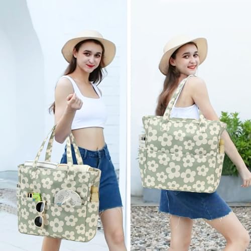 Bluboon Waterproof Beach Tote Pool Bags for Women Ladies Extra Large Carry On Bag With Wet Compartment for Weekender Travel - color: Flower 157 Green Gray