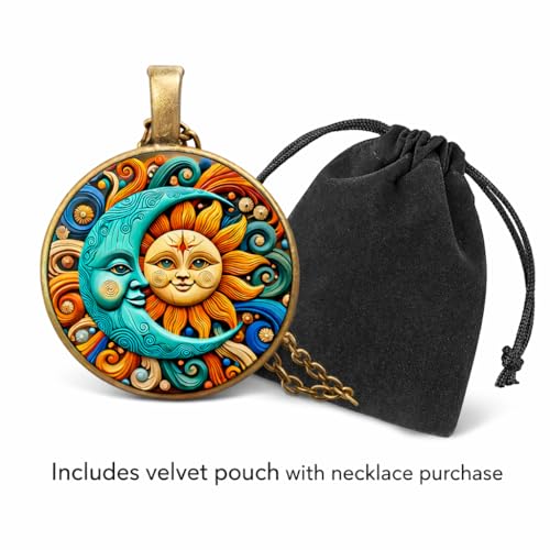1pc Stunning Round Pendant Necklace - Unique Sun & Moon Pattern, Oil Painting Style Glass Mosaic, Alloy Construction, Trendy Sweater Chain, Fashionable Gift for Women - Christmas or Birthday Gift - color: Orange Sun/Blue Moon (Bronze)