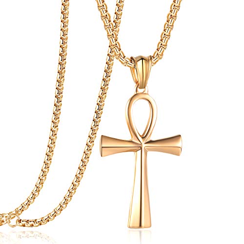Rehoboth Stainless Steel Ancient Egyptian Coptic Ankh Cross Pendant Necklace for Womens Mens 24 Inch Chain Black Gold Silver - color: Gold