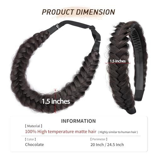 2PCs Braided Headband with teeth Handmade Messy Wide Synthetic Hair Elastic Stretch Fluffy Hairpiece for Brides (Chocolate) - color: Chocolate
