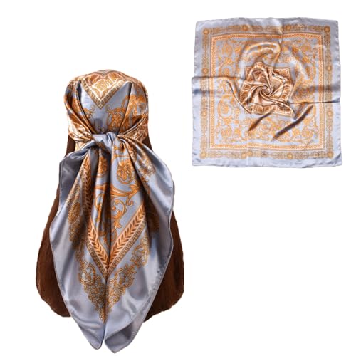 35” Satin Large Square Head Scarves-Like Silk Satin Scarf for Hair Wrapping at Night Bandana Square Scarf for Sleeping - color: Four Square Coins-blue