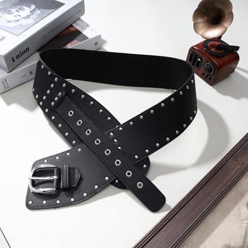 MILAKOO Vintage Punk Leather Waist Belt for Women 80s Goth Costume Cinch Belts Ladies Western Belt for Jean - color: E1: Black