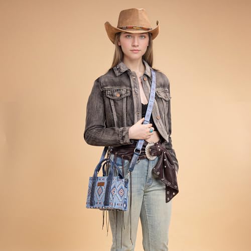 Wrangler Mini Aztec Tote Bag for Women Boho Small Top Handle Purse with Adjustable Strap - color: Boho Blue Jeans