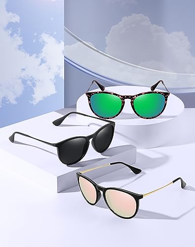 WOWSUN Retro Polarized Sunglasses Womens Trendy Round Classic Glasses - color: 3 Pack: Black+green Lens Leopard Frame+pink Lens Black Frame
