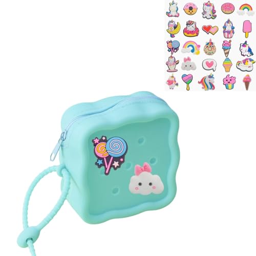 Soft Silicone Zipper Coin Purse Lovely Cartoon Hole Design Miniature Wallet Children's Storage Pouches Organizers For Kid with 25pcs DIY Charms (Green) - color: Green