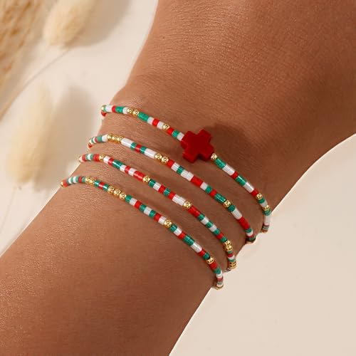 Gold Colorful Beaded Cross Bracelet Stack Set for Women,Handmade Bohemian Seed Beads Stacked Bracelets Fashion Holiday Jewelry Gift - color: Christmas