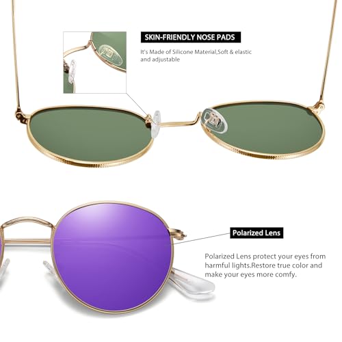 MEETSUN Round Polarized Sunglasses for Women Men Classic Retro Metal Frame Sun Glasses UV Protection - color: (3 Pack) Gold/Blue + Gold/Pink + Gold/Purple