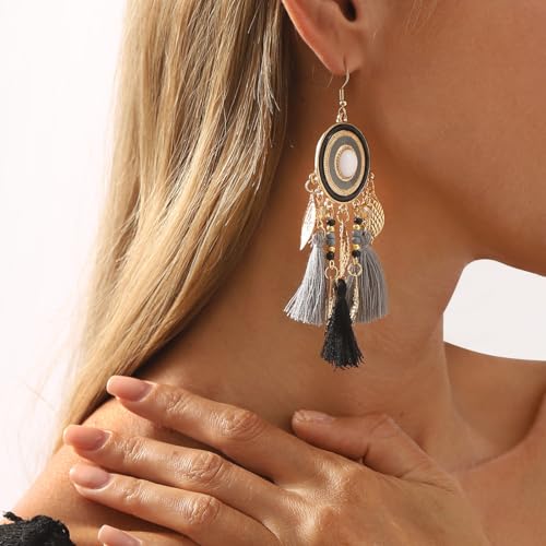 Bohemian Silk Tassels Statement Earrings Vintage Lightweight Gold Leaf Geometric Handmade Beads Drop Dangle Earring Ethnic Style Trendy Jewelry Accessories for Women - color: Black