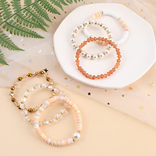 Colorful Heishi Surfer Bracelets Set for Women Stackable Clay Beaded Bracelets Disc Stretch Preppy Bracelets Smiley Face Friendship Bracelets Team Cheer Bulk Boho Summer Beach Jewelry Gift - color: Pearl Beads