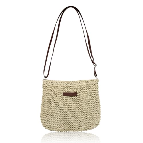 Straw Bag for Women Small Summer Beach Crossbody Bag Boho Handmade Weave Shoulder Handbags Purse for Vacation Travel - color: Beige