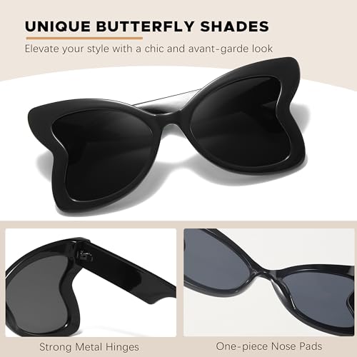 Chicid Oversized Butterfly Sunglasses for Women, Funky Sunglasses with UV400 Protection Non-Polarized Lenses - color: A04 Black Framen/Grey