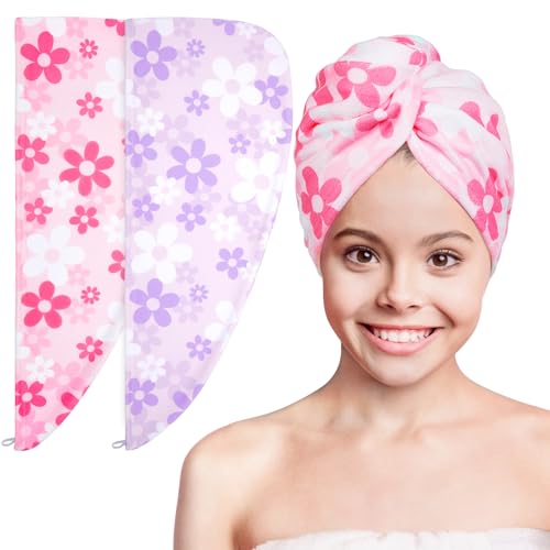 Basumee Microfiber Hair Towel Wrap for Kids 2 Pack Rapid Drying Hair Towel with Button Hair Turbans for Wet Hair Wraps Head Towel Wrap for Women and Girls - color: Pink White Purple Flowers
