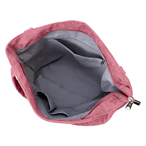 KALIDI Women Corduroy Tote Bag Zipper Casual Tote's Handbag Big Capacity Shoulder Bag with Pockets - color: Pink