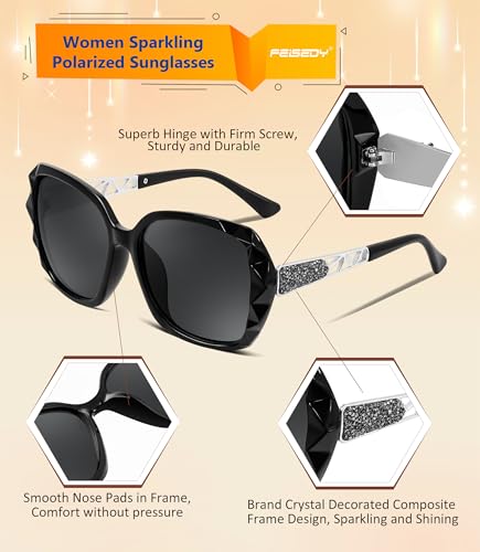 FEISEDY Polarized Women Square Sunglasses Sparkling Composite Shiny Frame B2289 - color: Glossy Black
