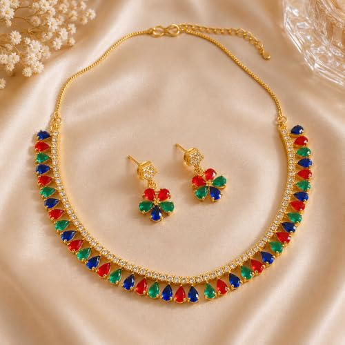 JewarHaat Indian Bollywood Necklace Set AD CZ Elegant Gold Plated Multi Stones Sparkling Crystals Choker with Earrings Fashion Jewellery for Women & Girls - color: Multicolor