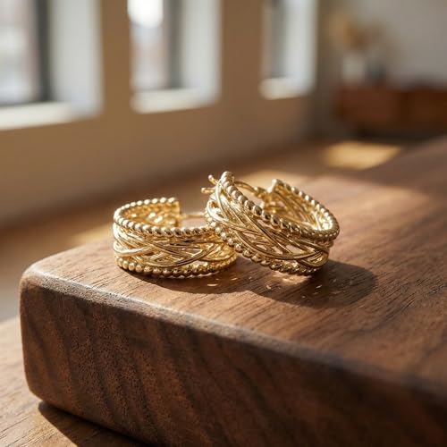 14k Yellow Gold Twisted Braided Hoop Earrings for Women, Textured Beaded Huggie Earrings, Hypoallergenic Minimalist Statement Jewelry 23.3mm*9mm