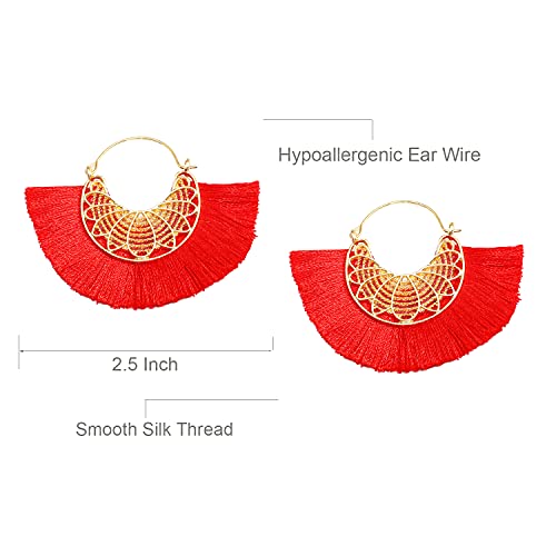 Tassel Hoop Earring Statement Thread Dangle Earrings Stylish Long Fringe Drop Earrings Lightweight Long Swingy French Hook Earrings for Women - color: B Red