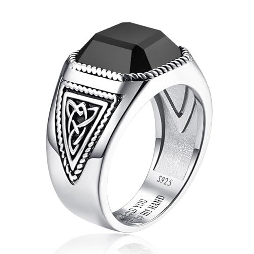 7ct Vintage Teal Turquoise|Emerald|Black Onyx Ring for Men 925 Sterling Silver Men Rings 11mm Square-Cut Mens Cocktail Rings Celtic Pattern Band for Dad Father Size 7-12 - color: Irish Celtic Knot-Simulated Onyx
