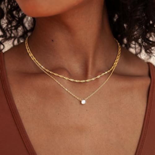 Layered Gold Necklace for Women Trendy 14K Gold Plated Heart CZ Pendant Layered Gold Necklaces Set Coin Choker Necklaces Simple Circle Cubic Zirconia Pearl Necklace Stack Herringbone Paperclip Chain Jewelry Set - style: 2PCS-Twisted rope zircon-GD