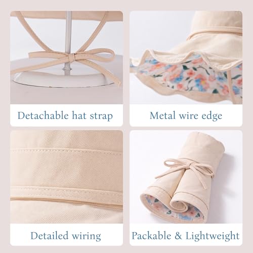 Wide Brim Sun Hat for Women Reversible Beach Hats Metal Wired Edge Gardening Hats, UPF 50+ Bucket Summer Hat - color: Beige
