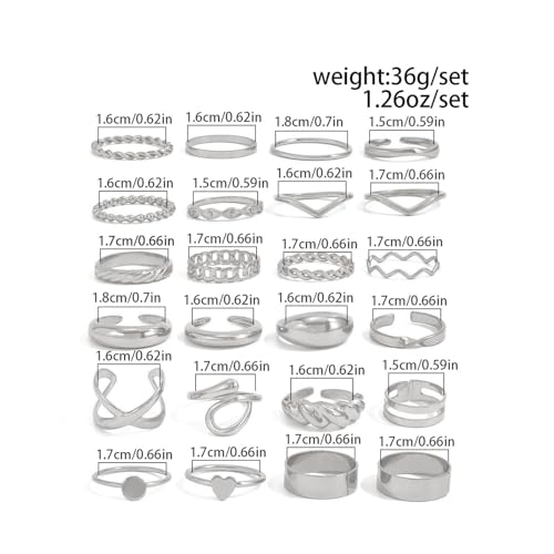 Gold Rings for Women Non Tarnish Stackable Rhinestone Moon Star Rings Dainty Stacking Pearl Butterfly Midi Pinky Thumb Joint Finger Knuckle Ring Set Gold Non Tarnish Jewelry Gifts Trendy Stuff - color: F Silver Stackable Rings 24Pcs