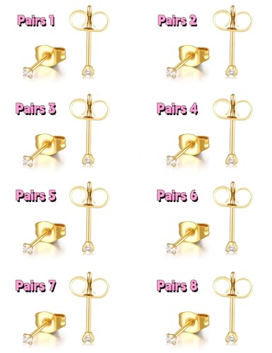 10 Pairs Small Stud Earrings for Women Precision-Cut Cubic Zirconia Earrings for Sensitive Ears Hypoallergenic Surgical Stainless Steel Tiny Stack Earrings for Multiple Piercing - color: Gold-8 Pairs-2mm