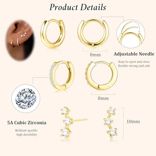 Poxtex Small Sterling Silver Huggie Hoop Earrings Set for Women, Hypoallergenic 14K Gold Plated Hoops Stacks for Multiple Piercings, Dainty Cute Mini Lightweight Cartilage Studs Trendy Jewelry Gift - color: Gold-climber