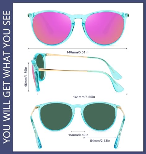 WOWSUN Retro Polarized Sunglasses Womens Trendy Round Classic Glasses - color: Transparent Frame Light Pink Mirrored + Black+ Transparent Blue Frame Purple Pink Mirrored