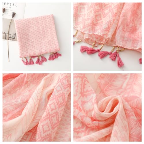 WaJuemy Travel Boho Scarf for Women Casual Lightweight Pashmina Scarves Fashion Multicolor Shawl Wraps with Fringed Beads - color: 201 Pink