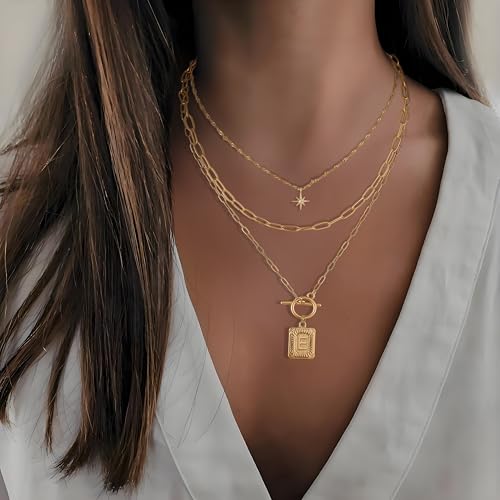 Paxuan Dainty Gold 3-Layer Personalized Initial Necklace for Women - 18K Gold Layered Letter Pendant Necklace Adjustble Paperclip Chain Choker Necklace Jewelry Gifts with Star Charm - style: Letter E