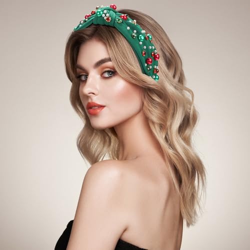 WantGor Pearl Knotted Headband, Women Rhinestone Embellished Hairband Elegant Wide Top Knot Bride Headbands Headpieces Party Fashion Elegant Ladies Hair Band Hair Hoop Accessories (Christmas Green) - color: Christmas Green