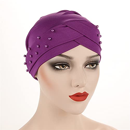 Women Beaded Silky Beanie, Pre-Tied Turban Head Wrap Cap for Chemo Chemical Cancer Hair Loss Cover Hat - color: Purple
