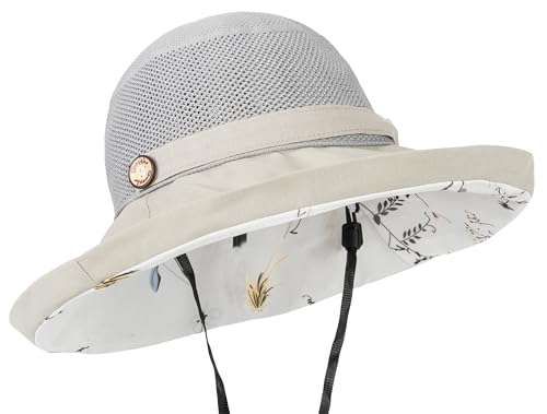 Women's-Mesh-Sun-Hats Wide-Brim Summer Beach Bucket Caps for Girls Outdoor-UV-Protection Foldable-Fishing-Hat Chin Strap - color: Gray